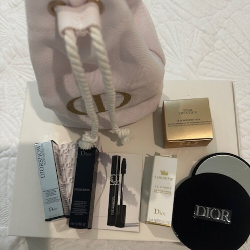 Dior  White Travel Cosmetic Drawstring Bag with eye and lip bundle
